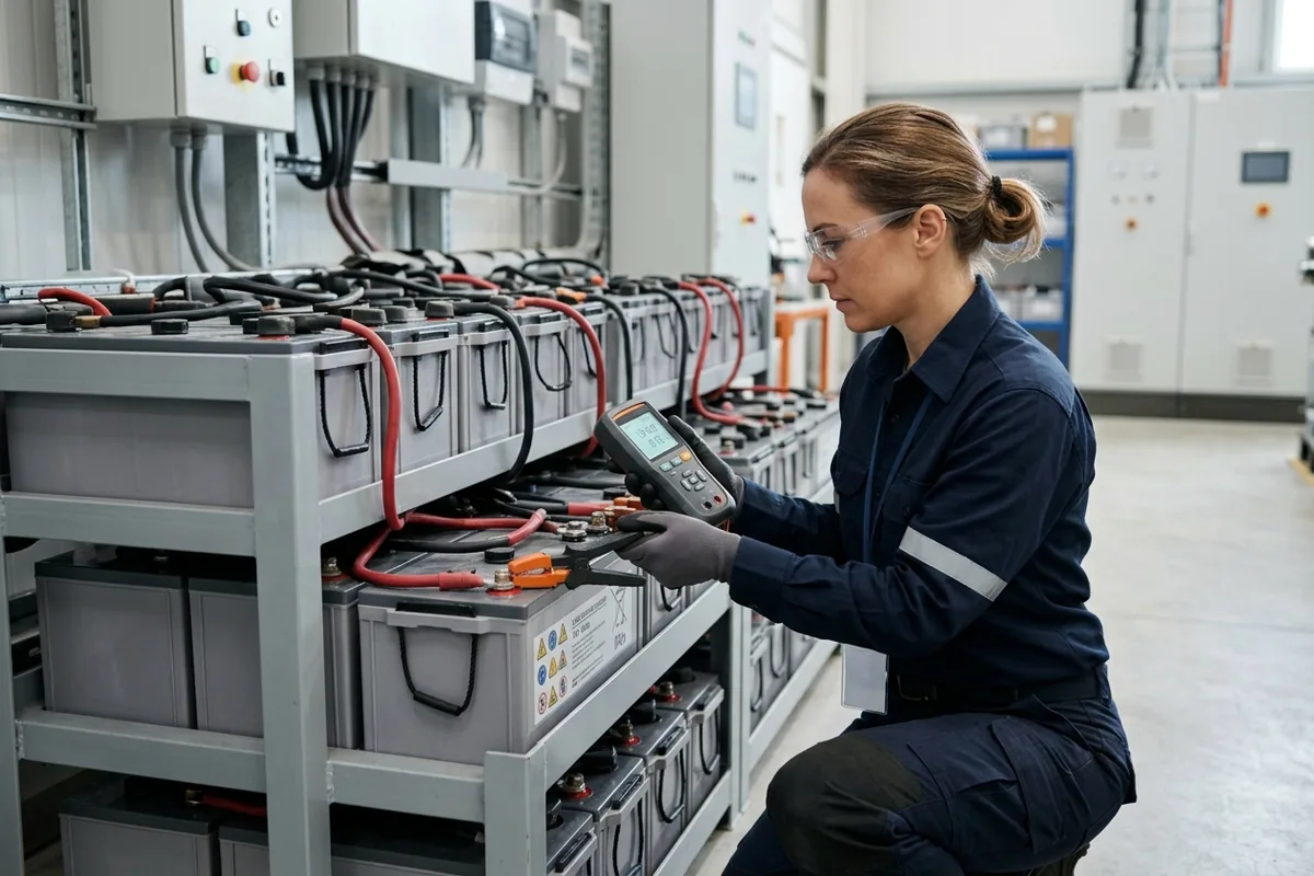 Bir elektrik mühendisinin endüstriyel akü grubunda test cihazı ile ölçüm yapması.
