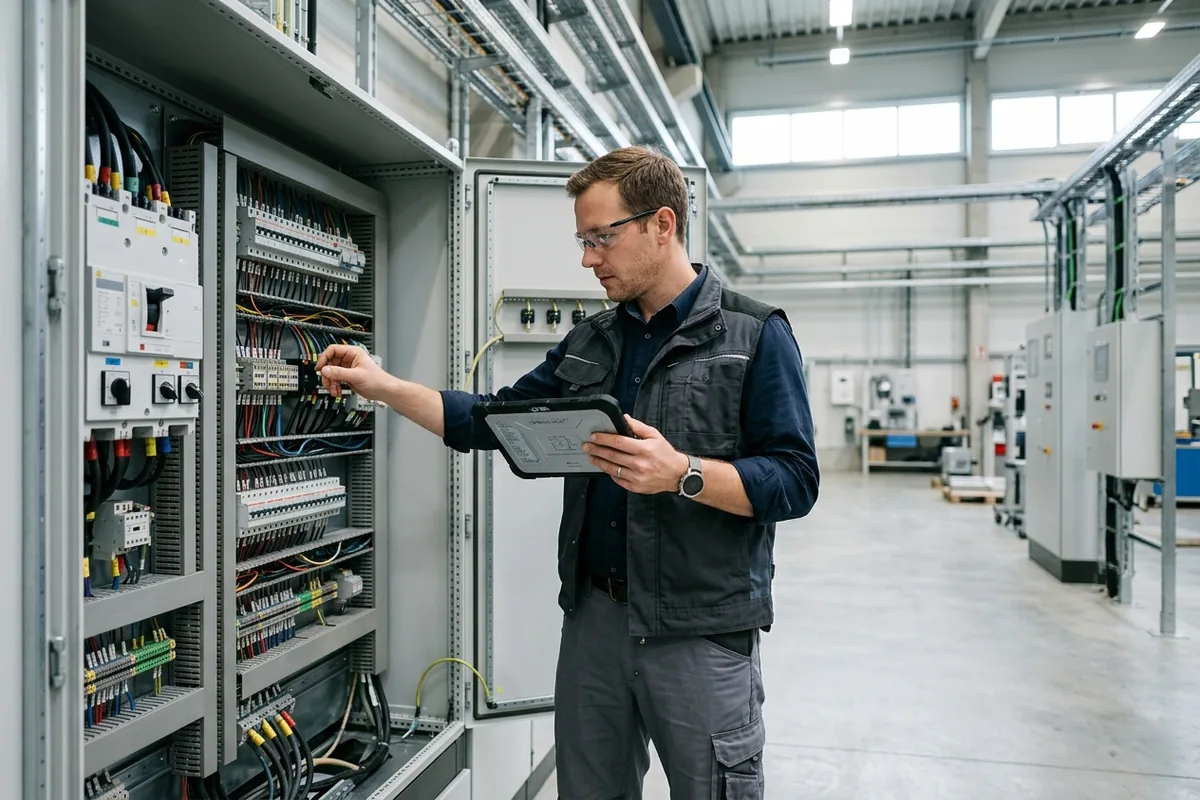 Bir mühendisin endüstriyel bir tesiste elektrik panosunu incelemesi.
