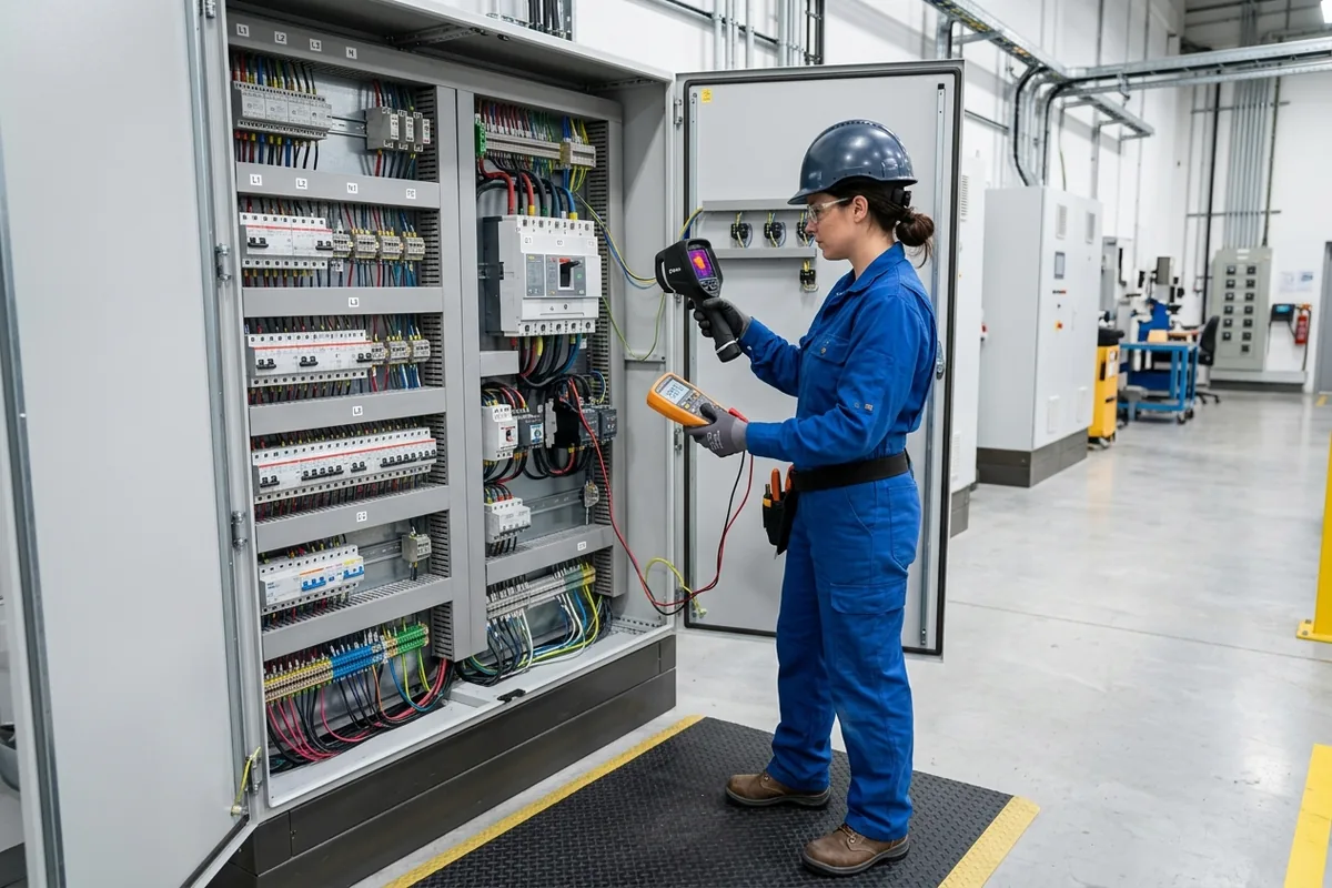 Bir mühendisin endüstriyel elektrik panosunda teknik ölçüm yapması.