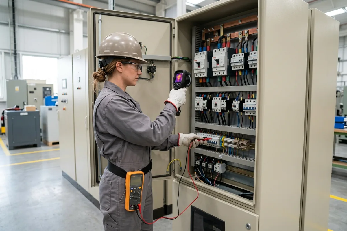 Bir mühendisin endüstriyel elektrik panosunda ölçüm cihazı kullanarak periyodik muayene yapması.