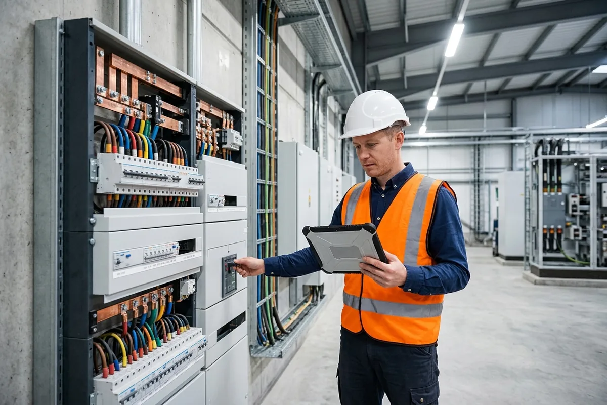 Mühendis tarafından elektrik panosu üzerinde yapılan teknik inceleme.