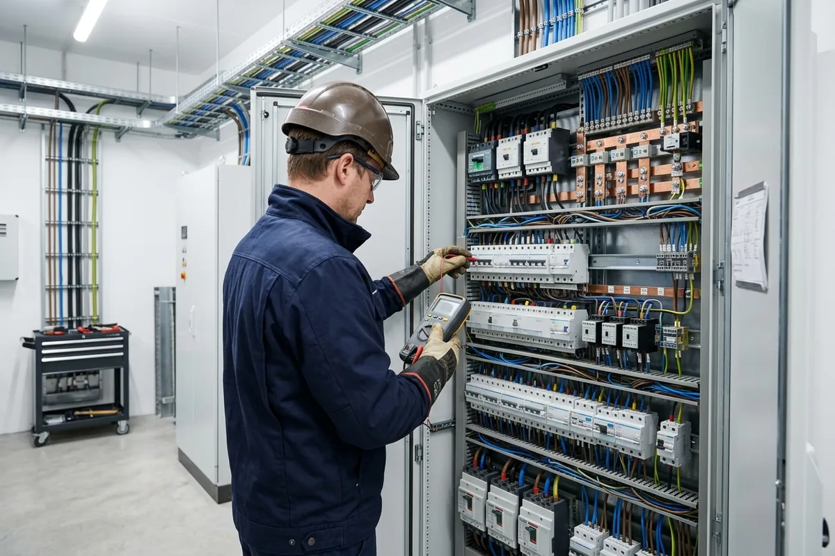 Teknik personel tarafından elektrik panosu üzerinde yapılan ölçüm ve kurulum kontrolü.