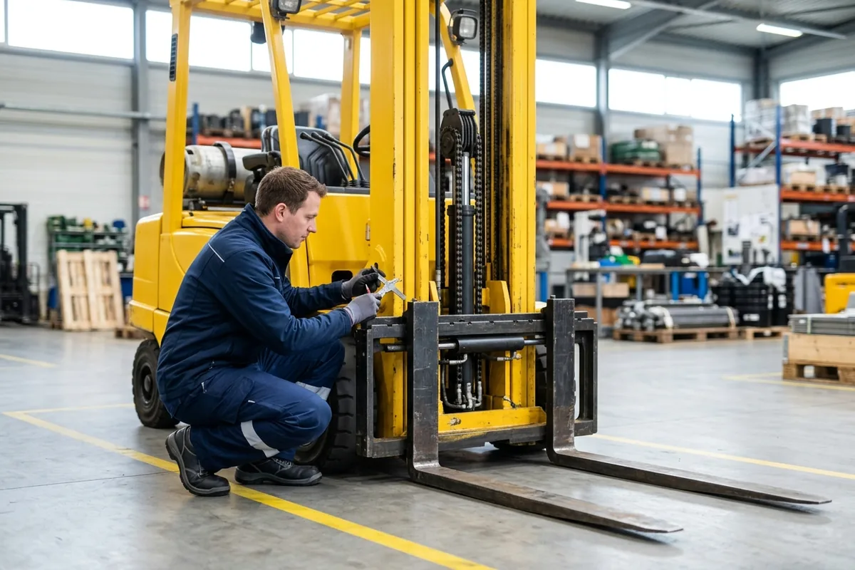 Teknik personelin forklift üzerinde gerçekleştirdiği periyodik muayene çalışması.