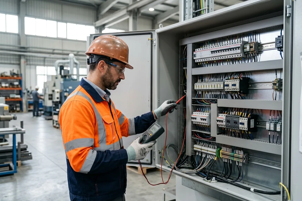 Bir mühendisin endüstriyel bir elektrik panosunda ölçüm cihazı ile kontrol yapması.