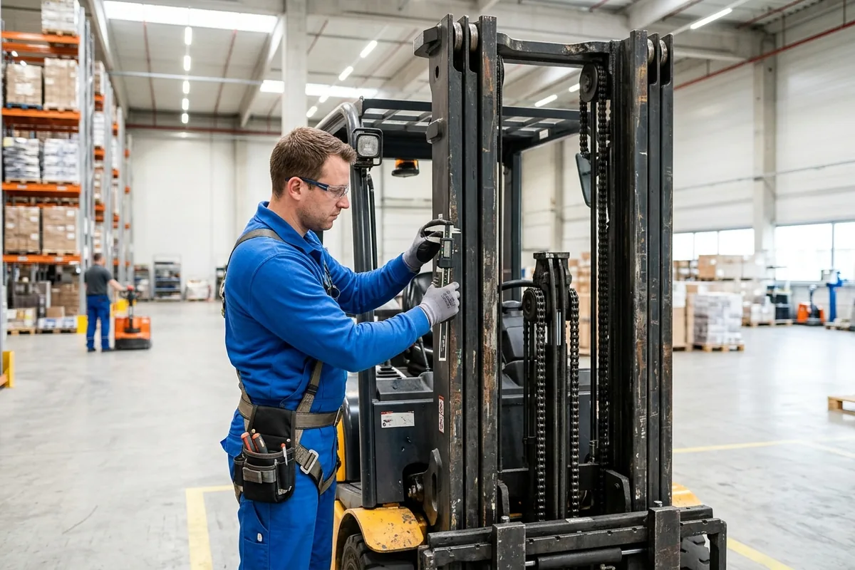 Teknik personelin forklift üzerinde periyodik kontrol gerçekleştirmesi.