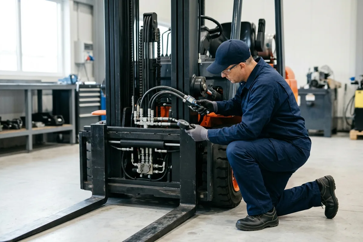 Bir mühendisin forklift mekanizmasını teknik olarak incelediği an.