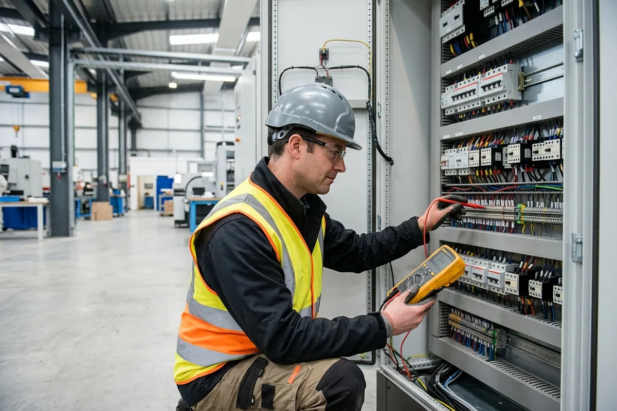 Bir mühendisin endüstriyel bir tesiste elektrik panosu üzerinde teknik ölçüm yapması.