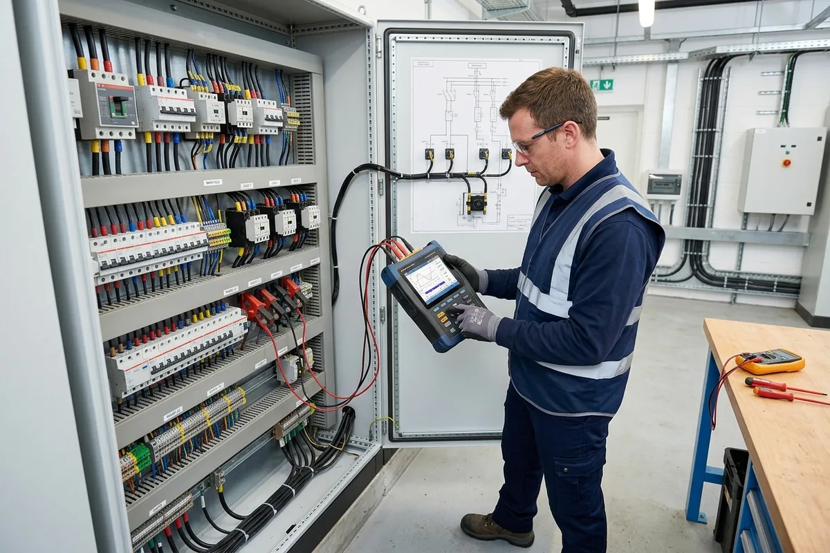 Bir mühendisin elektrik panosu üzerinde ölçüm cihazı ile teknik inceleme yapması.