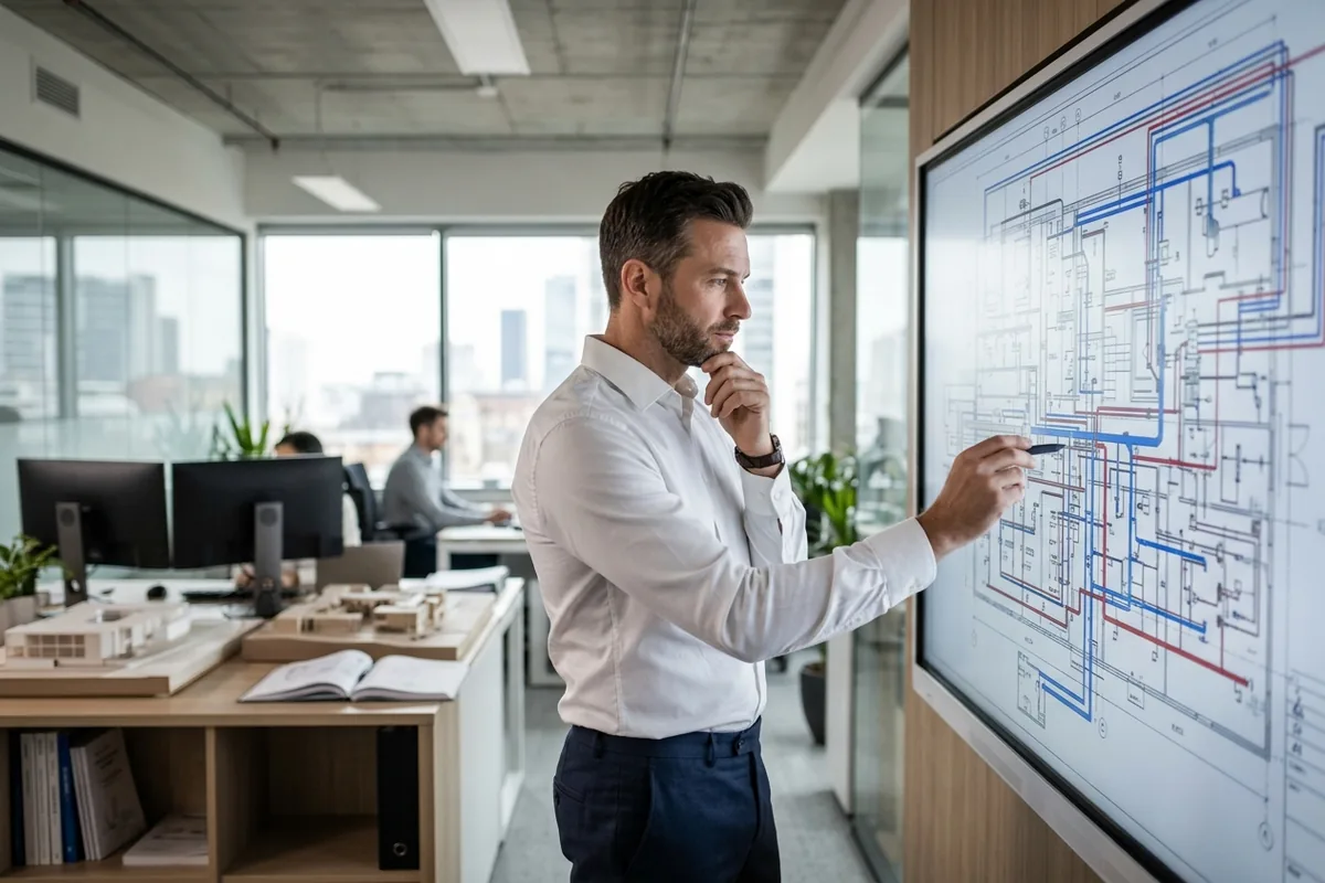 Mühendisin teknik tesisat projelerini incelediği profesyonel ofis ortamı.