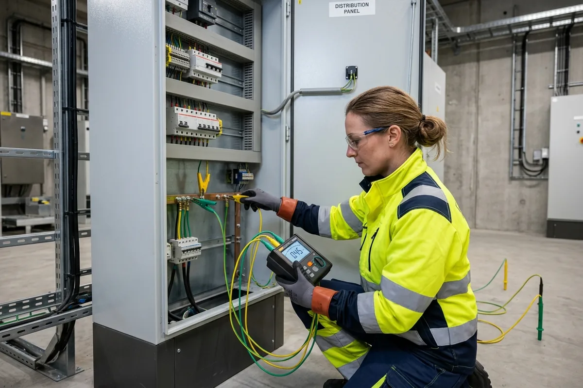 Elektrik mühendisi tarafından endüstriyel bir panoda yapılan topraklama direnci ölçümü.