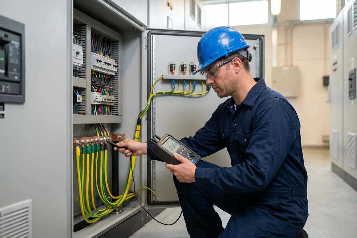Teknik personel elektrik panosunda topraklama ölçümü yapıyor.