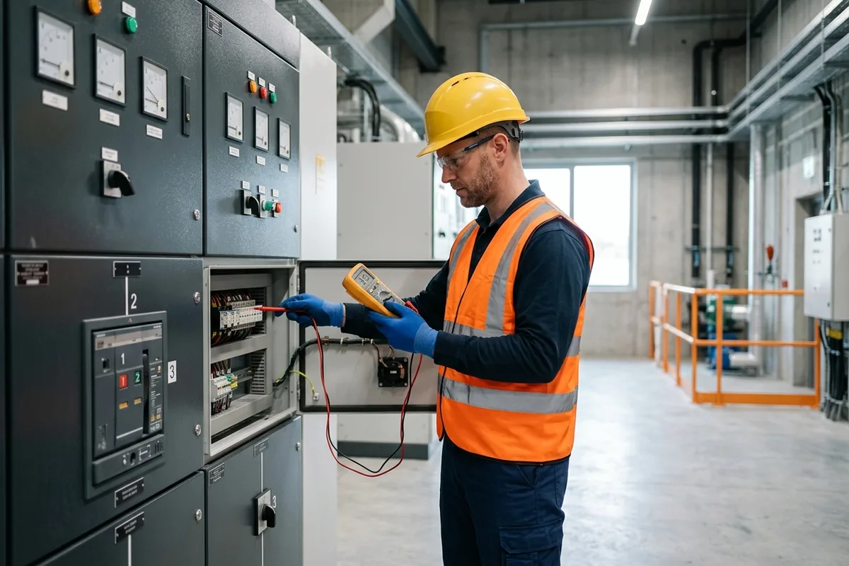 Elektrik mühendisinin yüksek gerilim hücresinde teknik inceleme yapması